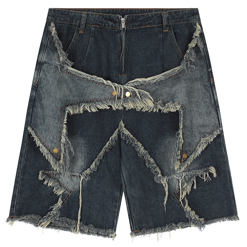 Harajuku Vintage Functional Embroidered Star Pattern Denim Shorts Men's Oversized Sunny Bermuda Casual Shorts College Pants Y2K