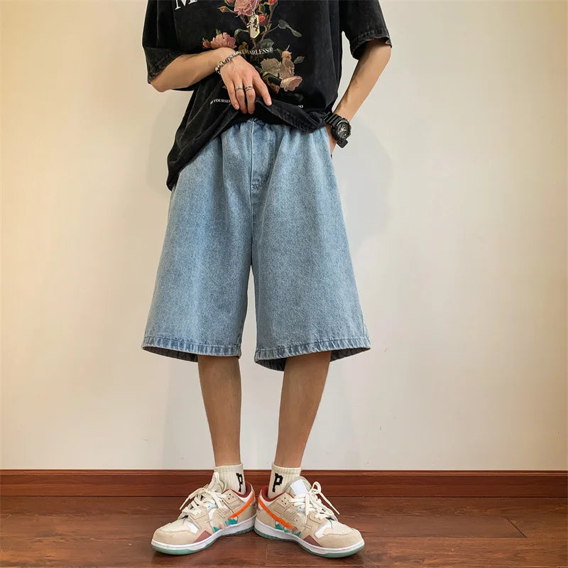 saferido Summer Denim Shorts for Men Korean Harajuku Retro All-Match Baggy Straight Bottoms Wide-Leg High Street Five-Point Jeans Pants