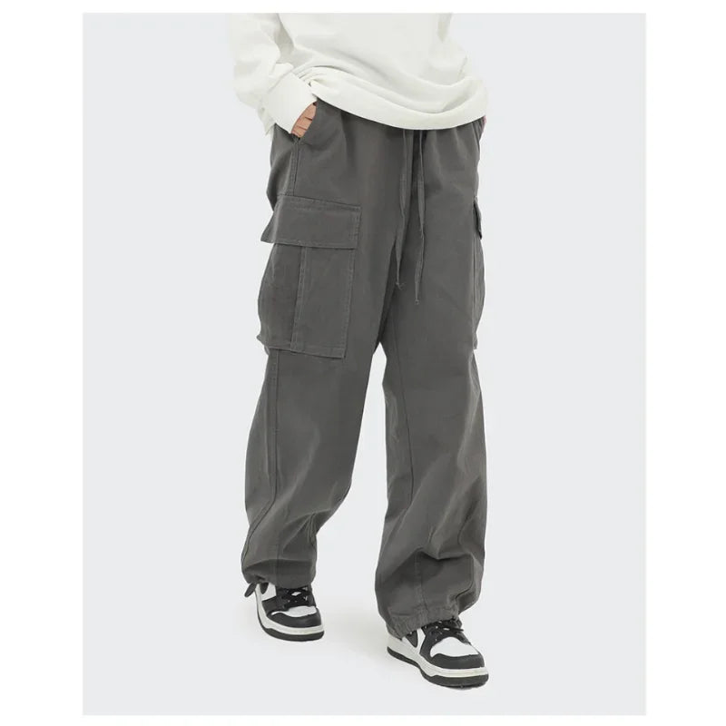 saferido Japanese Vintage Wide Leg Overalls Fashion Label Large Pocket Men's Leggings Casual Trousers for Men Women Sweatpants Joggers