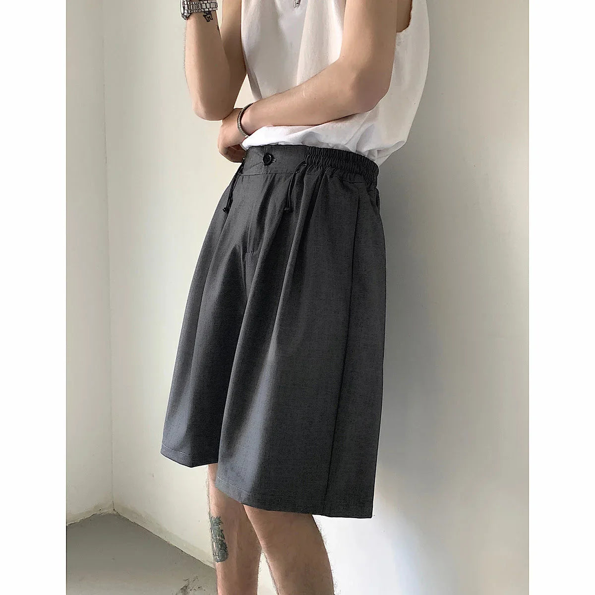 saferido Men's Korean Style Summer Men's Loose Straight Suit Shorts Cotton Elastic Waist Cargo Shorts Multi-pocket Casual Shorts
