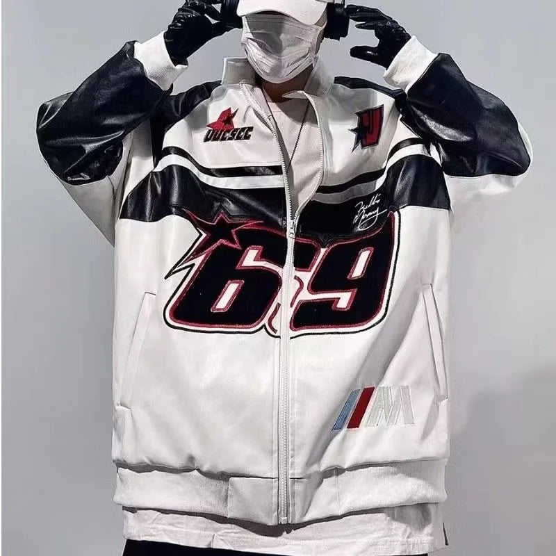 Hip Hop American PU Leather Jacket Men Patchwork Letter Embroidery Motorcycle Biker Coats Unisex Bomber Jacket Flocking Clothes