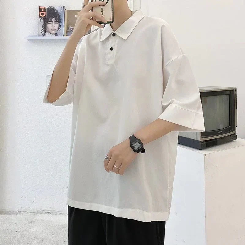 saferido Korean Style Men's Short Sleeved T-shirt Top Lapel Collar Cotton Clothes Polo T Shirts White/black/blue/orange Color Tshirts