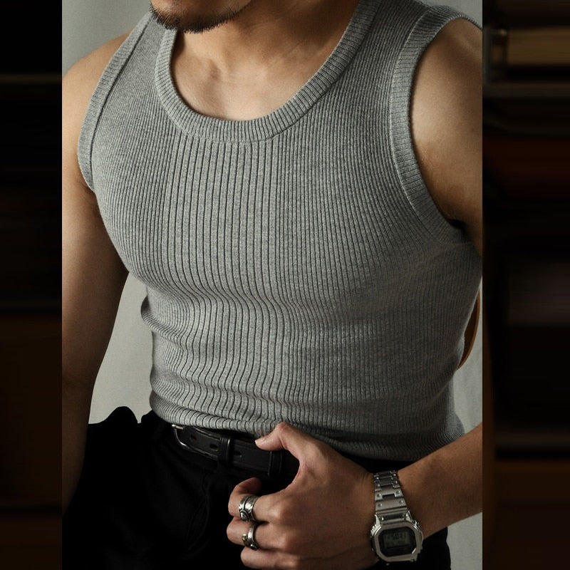 Casual Solid Knitted Tank Top Men Summer Fashion Ribbed Vest Mens Slim Fit Crew Neck Sleeveless Tops Man Clothes Streetwear
