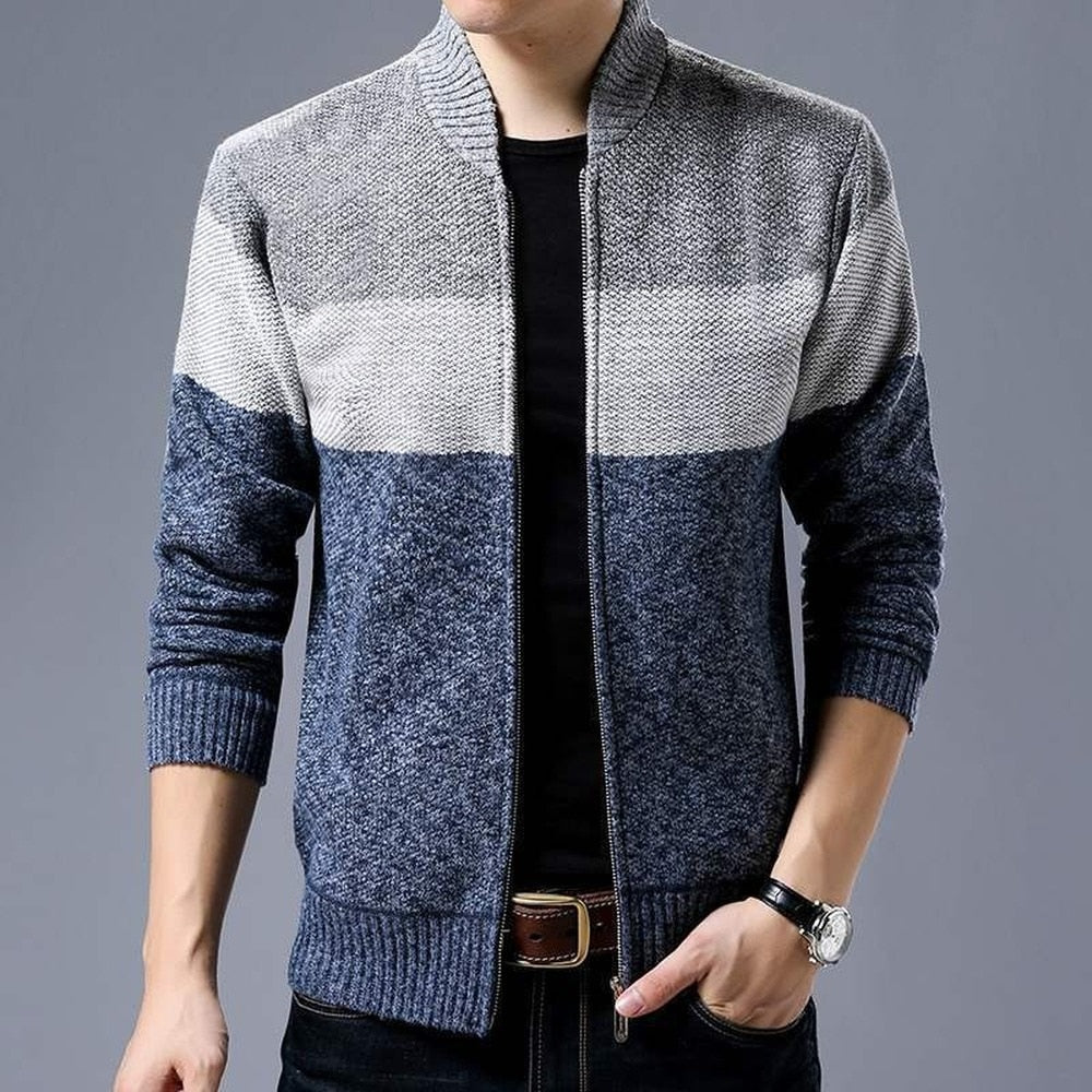 Spring Winter New Men's Cardigan Single-Breasted Fashion Knit Plus Size Sweater Stitching Colorblock Stand Collar Coats Jackets