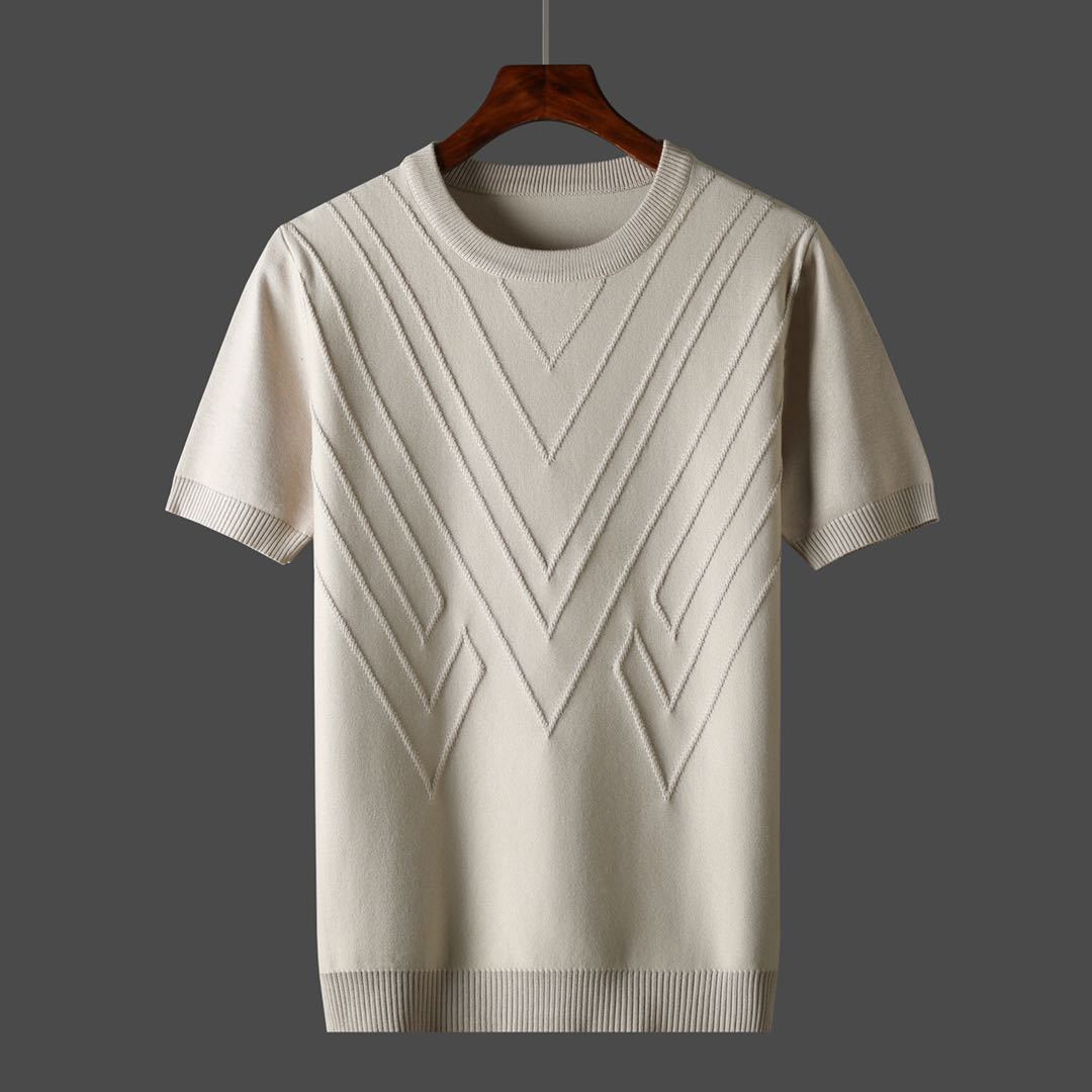 Summer Men T-shirt Knitted Short Sleeves Top Sweater Men's Solid Color O-neck Pullover Thick Slim Knitted Tees D215