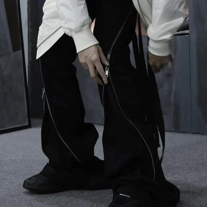 saferido Harajuku Sashes Zipper Decorate Vibe Style Black Cargo Pants for Men High Street Straight Casual Baggy Oversized Unisex Trousers