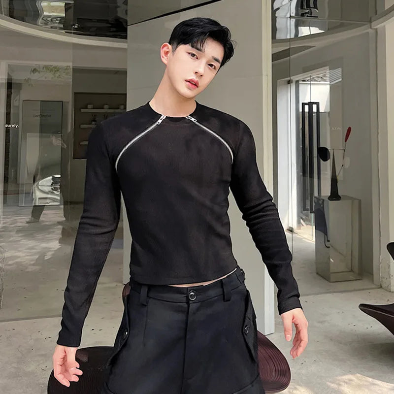 saferido Men's Slim Long Sleeve T-shirts 2024 Autumn New Niche Design Dark Zipper Split Versatile Tops Korean Style Clothing
