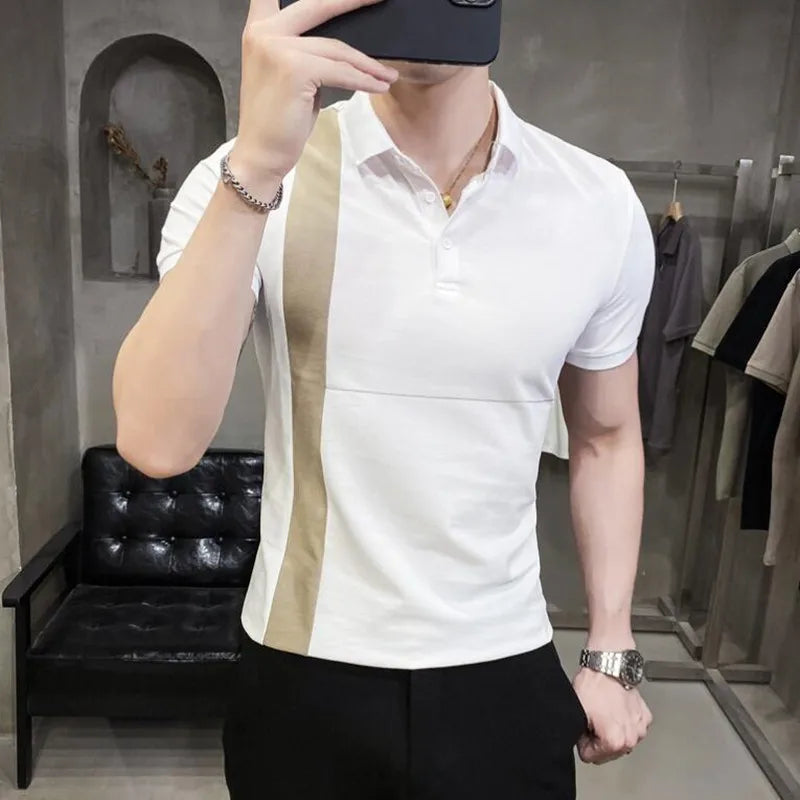 saferido British Style Summer Men Polo Shirts Short Sleeve Solid Front Pocket Decor Korean Slim Fit Casual Polo Homme Streetwear 4XL