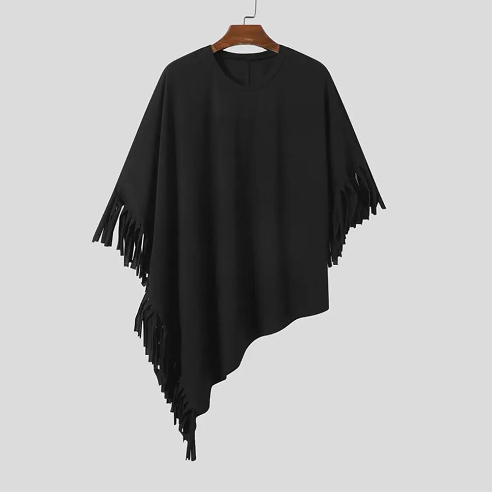saferido 2024 New Men T Shirt Tassel Solid Color Cloak Punk Style Streetwear Fashion Irregular Tops O-neck Loose Casual Cape Camisetas