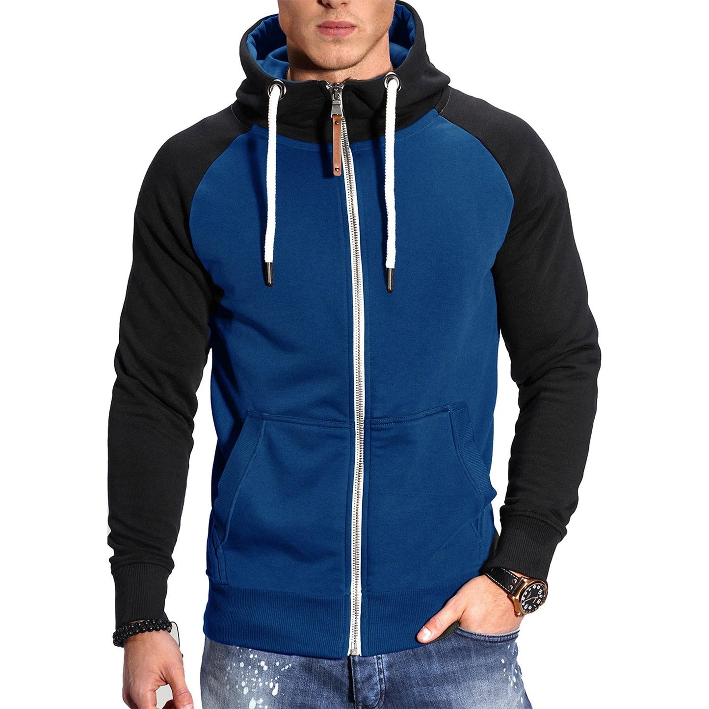 Autumn and Winter Men's Color Matching Sport Plus Fleece Cardigan Hoodie Casual Fashion European Code with Rotator Sleeve Coat