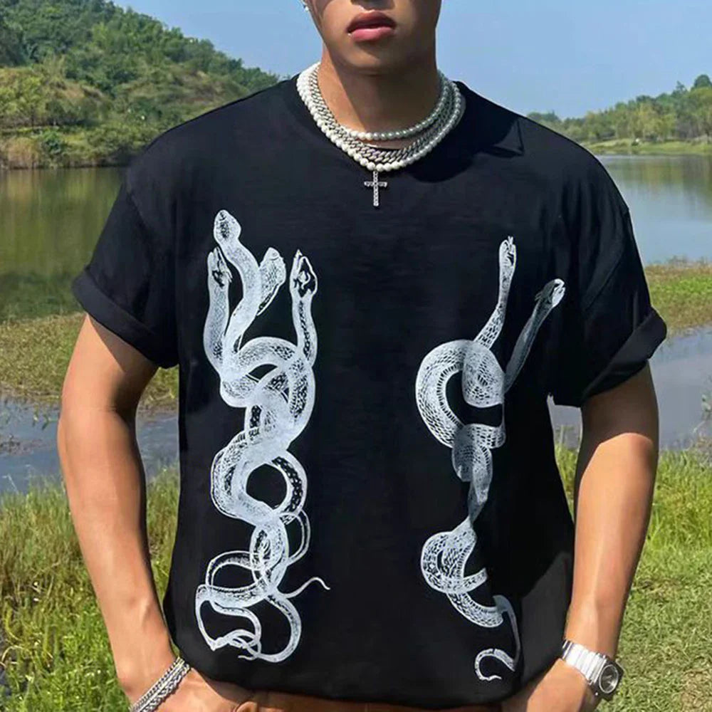 saferido Men's Casual T-Shirt Fashionable Trendy Hip-Hop High Street Y2k Retro Snake Pattern Loose Cotton Top 2024 Spring And Summer