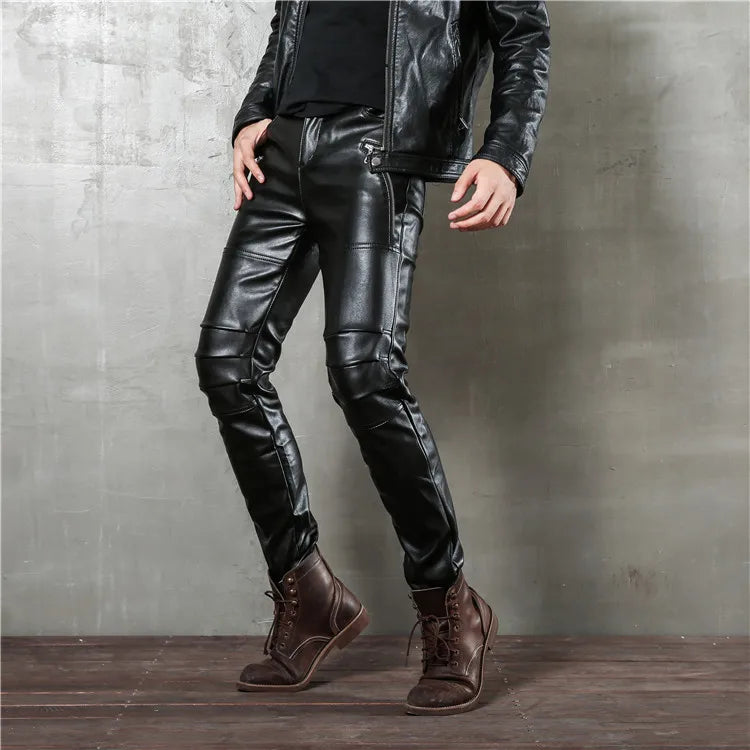saferido Men's Black Leather Pants Slim Fit Stretch Personality Simple Thin Punk Style PU Leather Men's Pants Motorcycle Dance Party