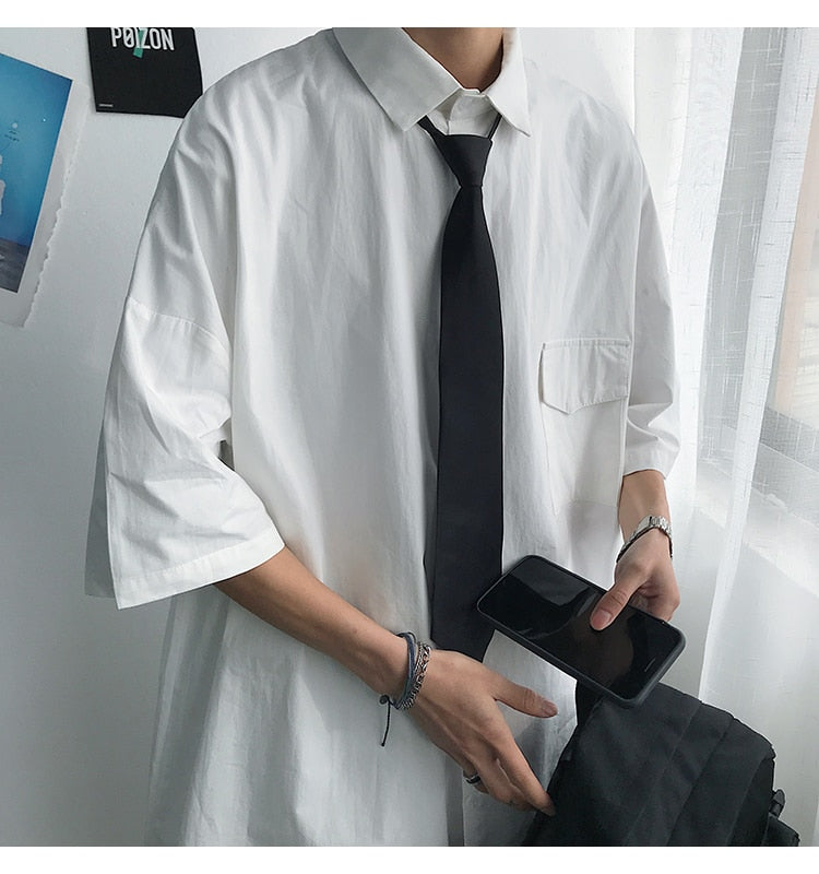 saferido Summer New Fashion Loose Solid Shirts Men's Casual Short Sleeve Shirts Turn-down Collar Clothing Blouses Tops Q02