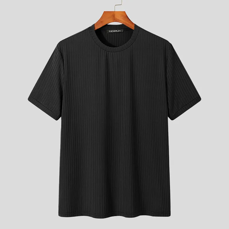 Tops Korean Style New Men's Round Neck Design Niche Camiseta Casual Male Striped Solid Short-sleeved T-shirts S-5XL
