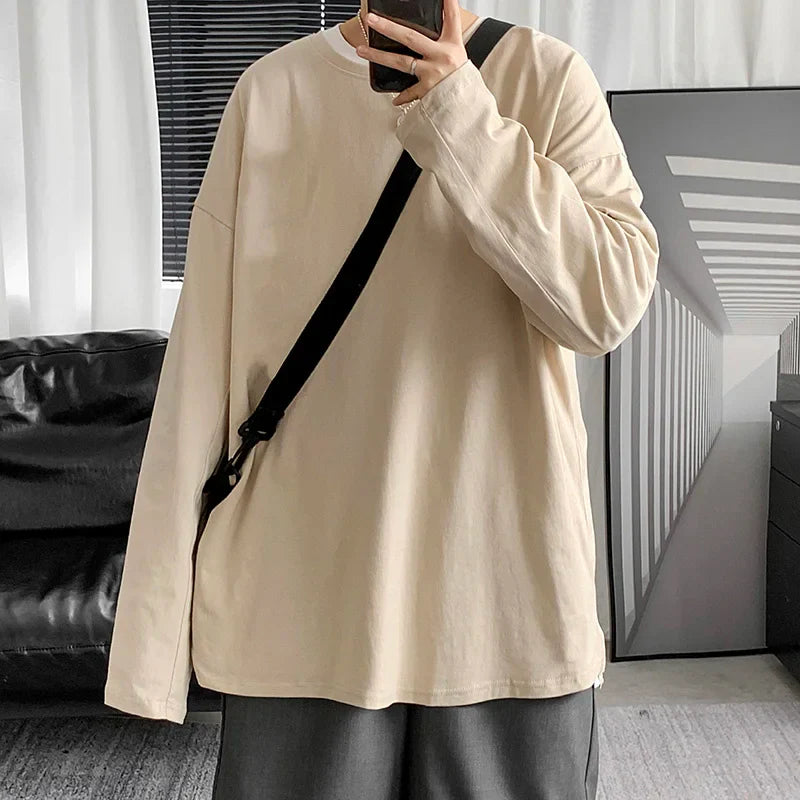 saferido Spring Multicolor Cotton T-shirt Men Fashion Solid Color Casual O-neck T Shirt Men Korean Loose Long-sleeved T-shirt Mens Tops