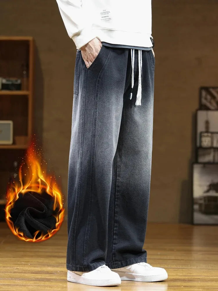 saferido Winter Men's Oversized Jeans Thicken Velvet Warm Denim Pants Wide-Leg Straight Thermal Fleece Baggy Jean Trousers