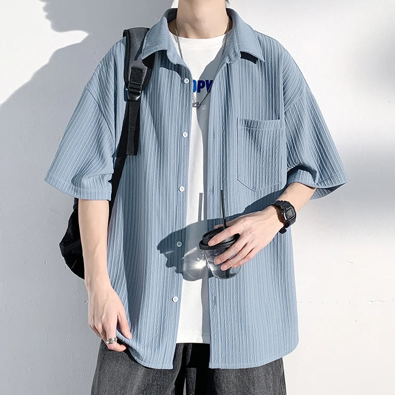 saferido Men's Short Sleeve Shirts Solid Color Blouses Fashion Streetwear Clothes College Style Tops Spring Summer Male Cardigan