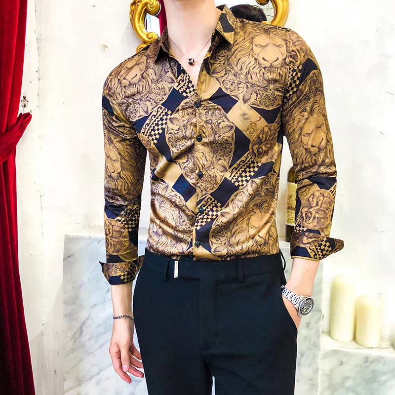 saferido British Style Men's Business Casual Shirts/Male Slim Fit Printing Leisure Long Sleeve Shirts Tops Plus Size S-4XL