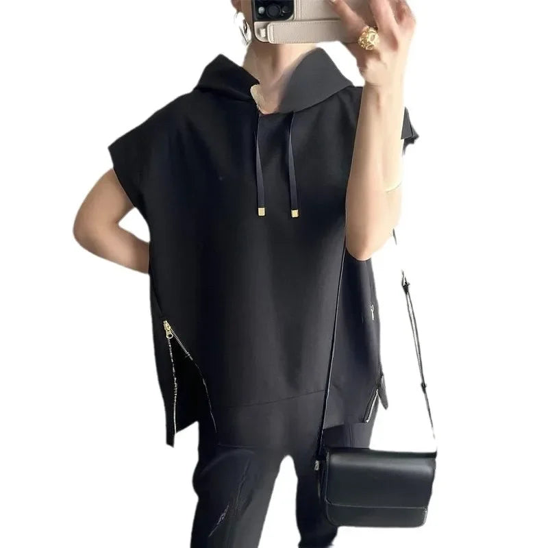 saferido In-stock Japanese Style Summer New Hooded Zippered Short Sleeve Top Hooded Two-sided Zippered Short Sleeve T-shirt