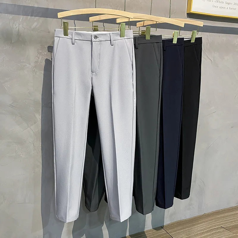 saferido Korean Style Fashion Ankle Length Suit Pants Men High Waist Solid Blue Black Gray Casual Straight Adjustable Waist Trousers