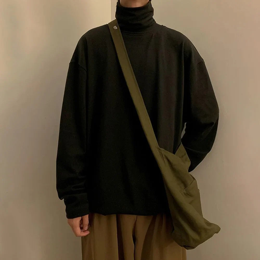 saferido Mens Pullover Japanese Stylish Solid Harajuku Long Sleeve Top Fashion Turtleneck Cozy Baggy Fit Casual Daily Top Men's Clothing