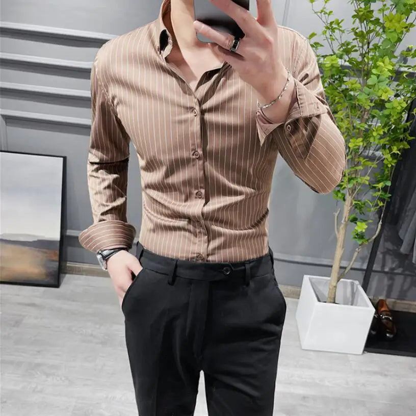saferido British Style Striped Shirts Mens Long Sleeve Business Formal Dress Shirt Casual Slim Fit Shirt Streetwear Social Party Clothing