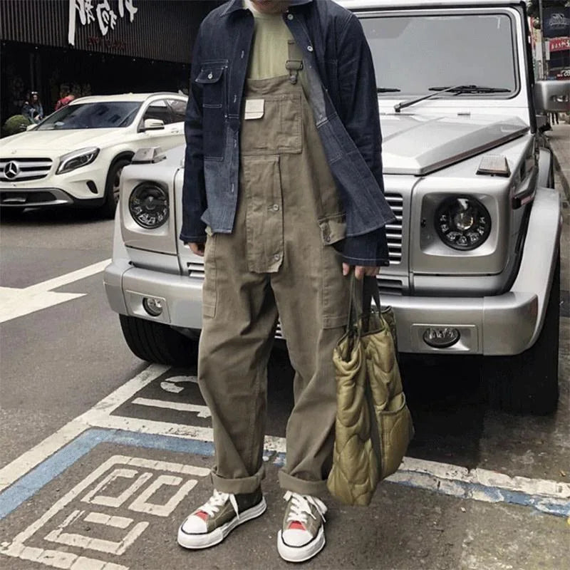 saferido INS Style Straight Leg Pants Bib Coverall Japanese Retro Cargo Overalls Men's Loose Large Size Worker Work Clothing Jumpsuit