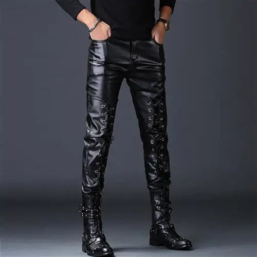 saferido Autumn New Korean Style Tethered PU Leather Pants Men's Pants Slim and Handsome Motorcycle Pants Casual Trendy Men's Pants