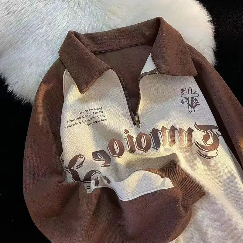 American retro street alphabet print stitching stand collar sweater men and women spring and autumn tide brand sports top