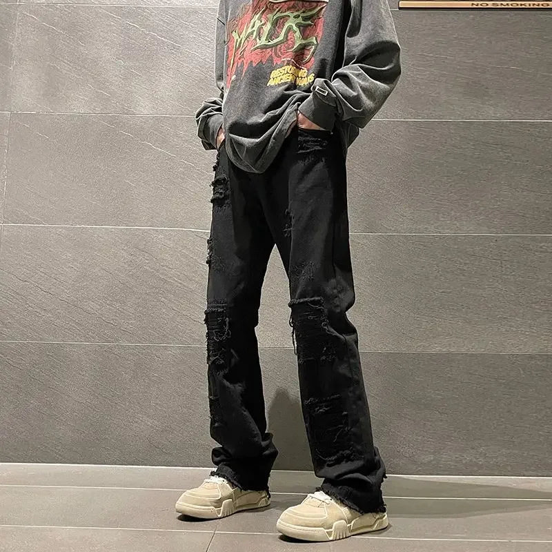 saferido Trousers with Holes Man Cowboy Pants Aesthetic Ripped Men's Jeans Torn Broken Black Straight Trend Loose Cotton Washed Kpop