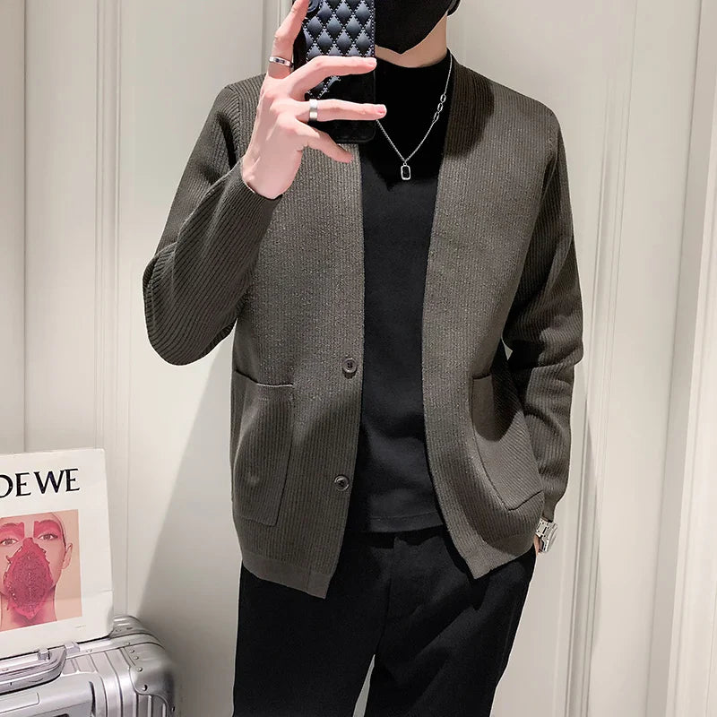 saferido Men Spring Autumn Cardigan Sweater Fashion Sim Fit Patchwork V Neck Mens Knitted Cardigan Single Breasted Casual Sweatercoat Man