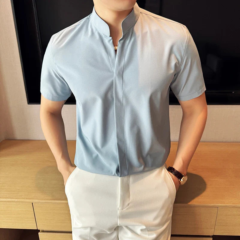 Chinese Style Standing Collar Short Sleeved Men Shirt Summer Solid Casual Elastic Slim Fit Shirt Fashionable Men Clothing
