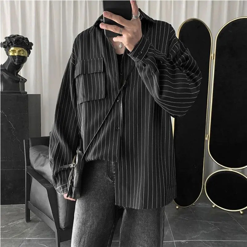 New Spring and Autumn Fashion Hong Kong Style Polo Neck Stripe Casual Loose Fashion Versatile Long Sleeve Men's Thin Shirt