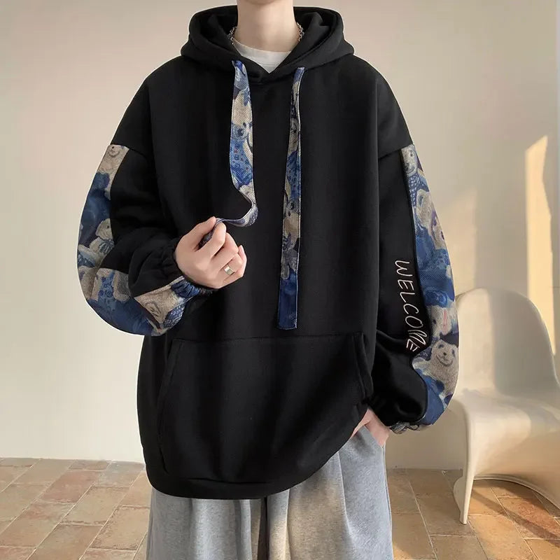 saferido Korean Style Streetwear Men Hooded Sweatshirt Trendy Side Embroidery Design Loose Hoodie Casual Drawstring Hoodies