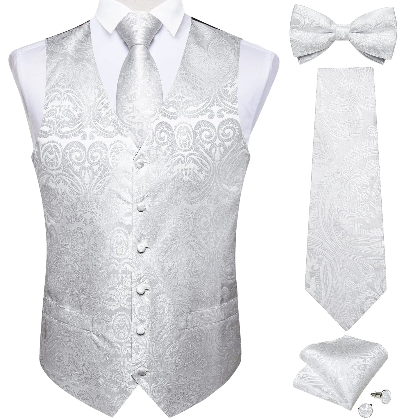 Men Black Paisley Vest Necktie Bowtie Pocket Square Cufflinks Dress Set Classic 5 PCS Business Waistcoat for Man