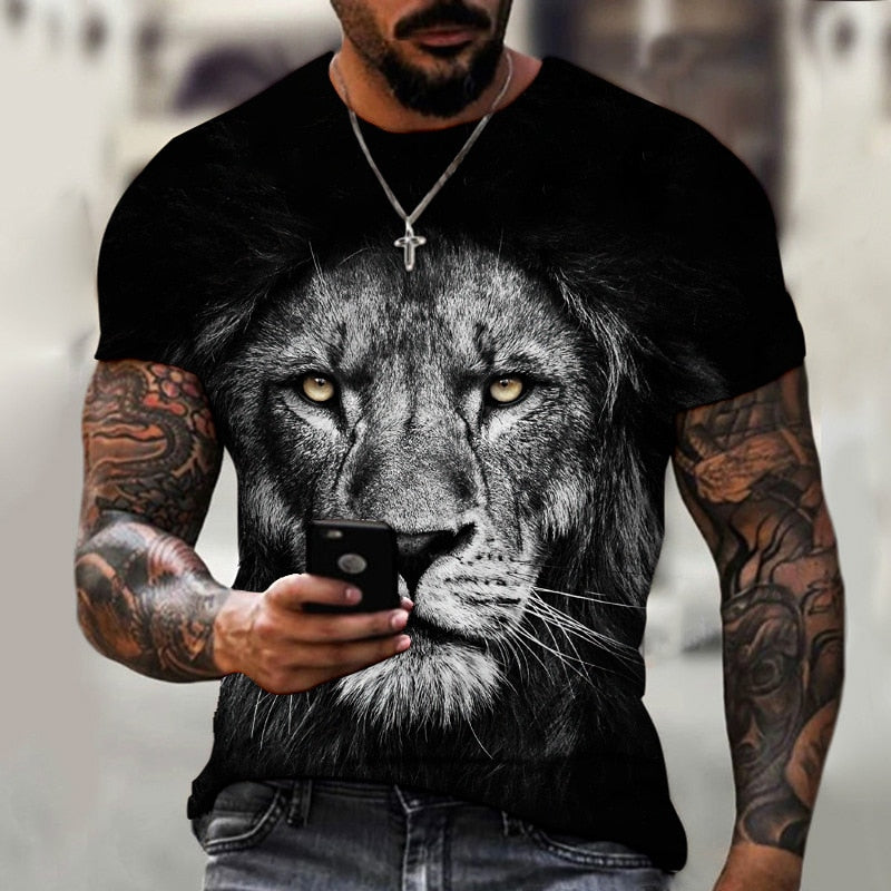 Lion Fighting Animal Beast Fierce Lion Wolf 3D T Shirt New Summer Men's Oversized Short Sleeve Black and White Design Polyester