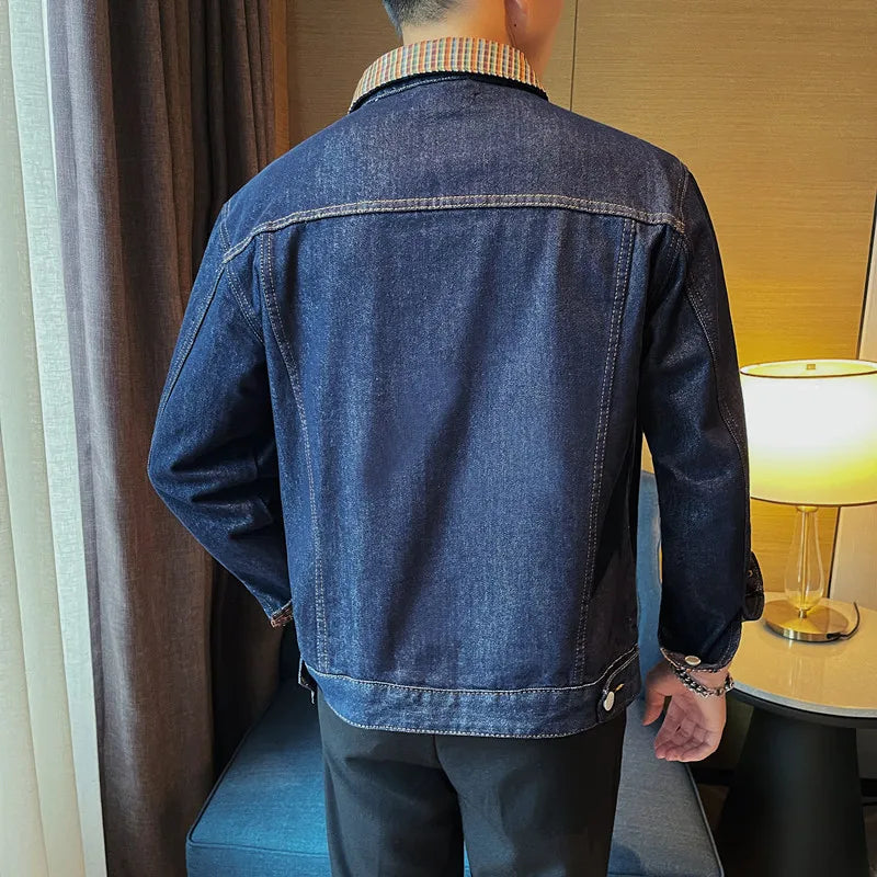 saferido Men's Spring High-quality Casual Denim Jackets/Male Fashion Plaid Business Denim Coat/Man Winter Streetwear Men 3XL-M
