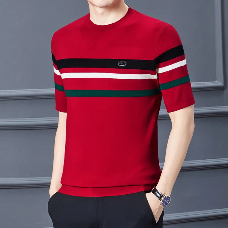 saferido Round Neck Men's Knitwear Spring 2024 Silk Velvet Half Sleeve Thick T-shirt Business Gentleman