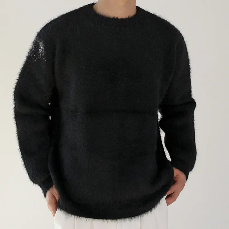 Autumn Winter Round Collar Mohair Sweater Loose Korean Style Vintage Kintted Sweater Pullover Men Clothing