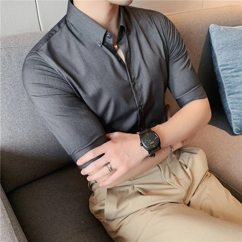 saferido British Style Men Social Shirts Short Sleeve Tuxedo Classic Contrast Collar Striped Solid Shirt for Men Business S-5XL