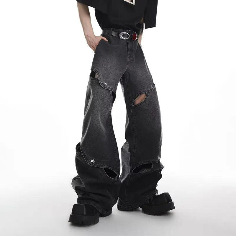 Wide Leg Jeans Pants Men Streetwear Baggy Distressed Denim Trousers Male Oversize Hollow Out Casual Korean Hip Hop