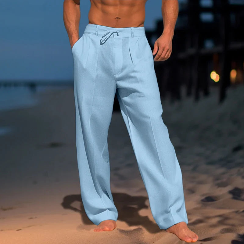 Fashion Tie-up Drawstring Trousers For Men Summer Solid Color Cotton Linen Casual Pants Mens Spring Leisure Loose Straight Pants