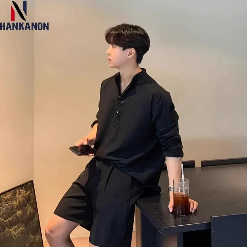 Oversized Korean-style Shirt Hanging Sense Shirt. Youth Long-sleeved Shirt Casual Travel Daily Street Fashion Men Loose-fitting