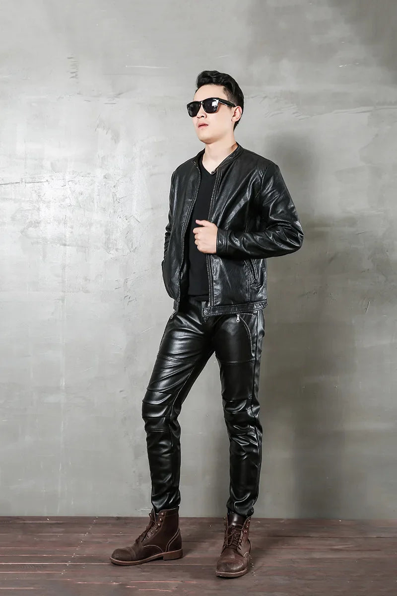 saferido Men's Black Leather Pants Slim Fit Stretch Personality Simple Thin Punk Style PU Leather Men's Pants Motorcycle Dance Party
