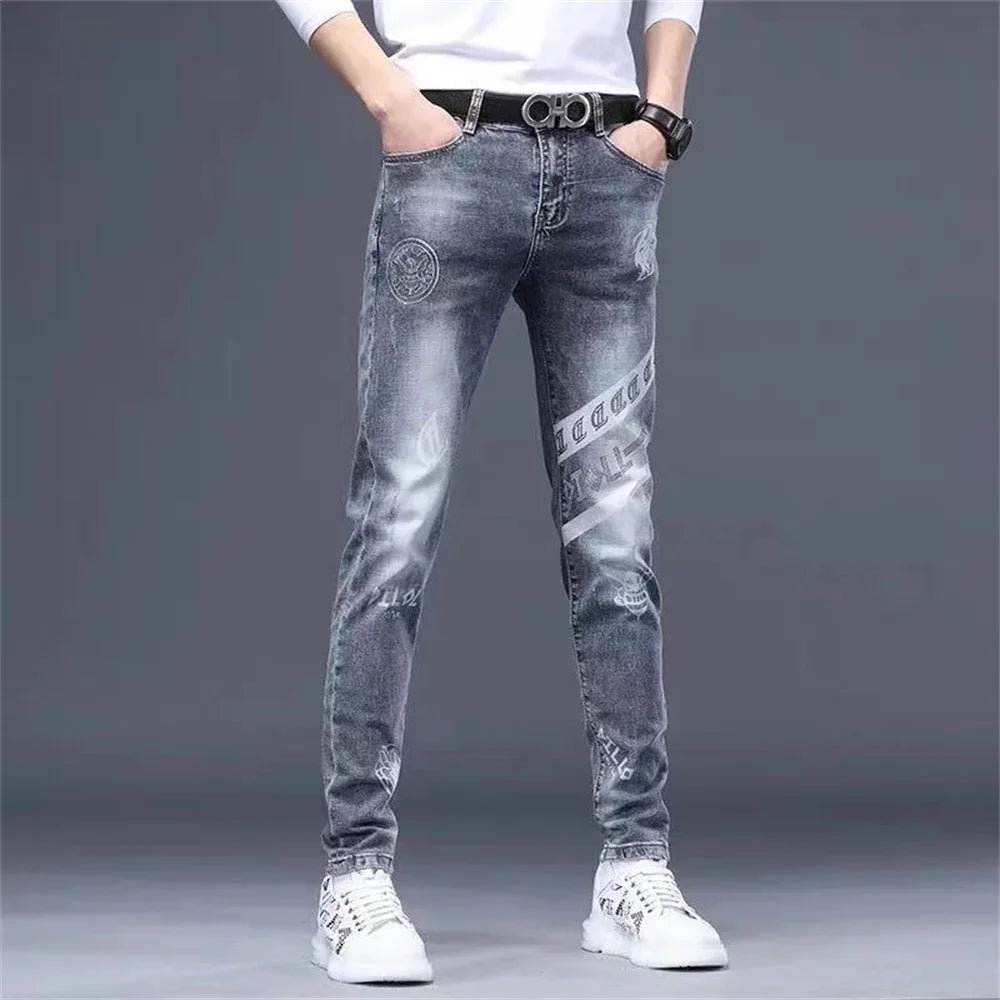 saferido Mens Denim Print Pants Jeans Korea Slimming Trendy Casual Jeans All-match Streetwear Light Luxury Men Jeans Pants for Men