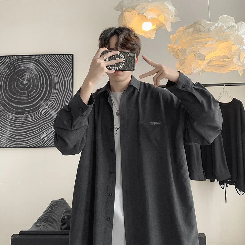 saferido men's spring and summer ins solid color long sleeve shirt men's Korean version trend basic style niche design shirt coat