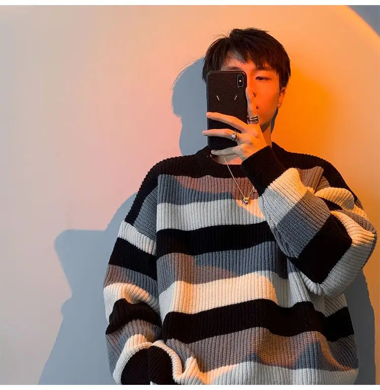 saferido Autumn Winter Sweater Men Pullover Korean Style Male Striped Sweater Loose Knitted Sweater Trend Thick Top Mens Clothing