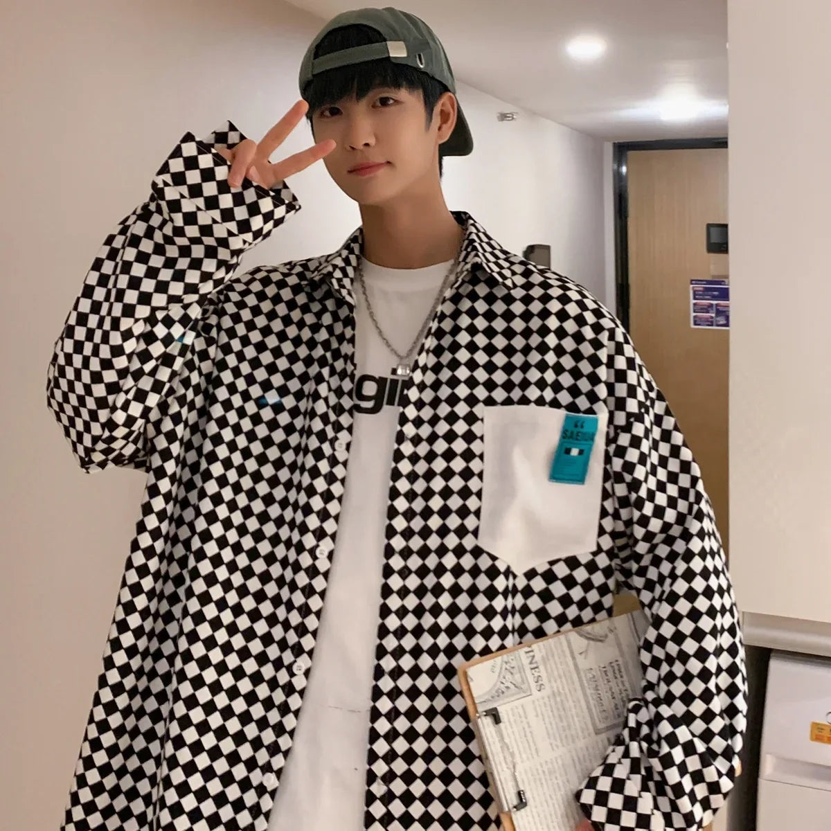 saferido High street ins checkerboard long sleeved shirt men's spring clothes plus fat plus size trendy fat people loose casual coat