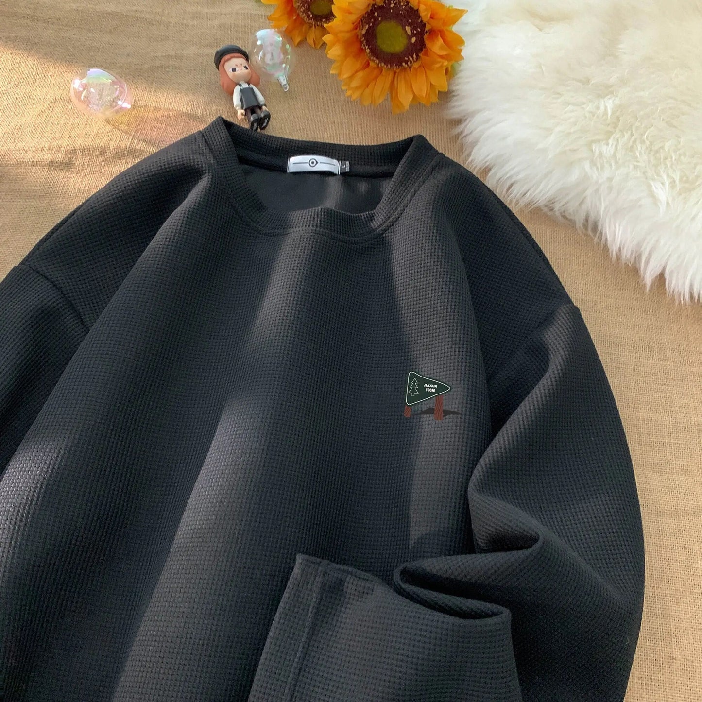Graphic Print Waffle Sweatshirt For Men College Style Oversized Long Sleeve Pullovers Man Women Unisex Casual Sweatshirts