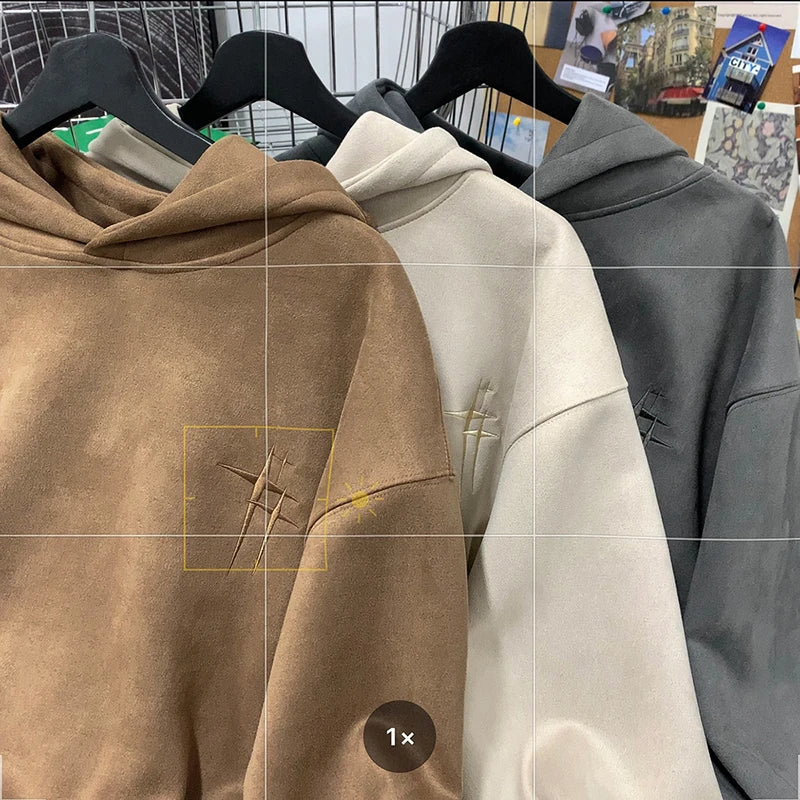 saferido Mens Suede Hoodies Fall Winter Sweatshirt American Vintage College Style Hooded Sweatshirt Fashion Street Trend Clothing